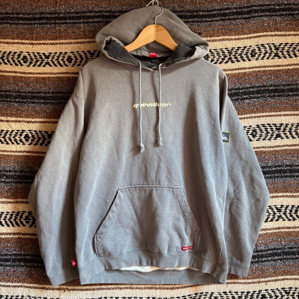 Y2K Quiksilver Hoodie M Grey Vintage Faded Surfer Graphic Pullover Mens